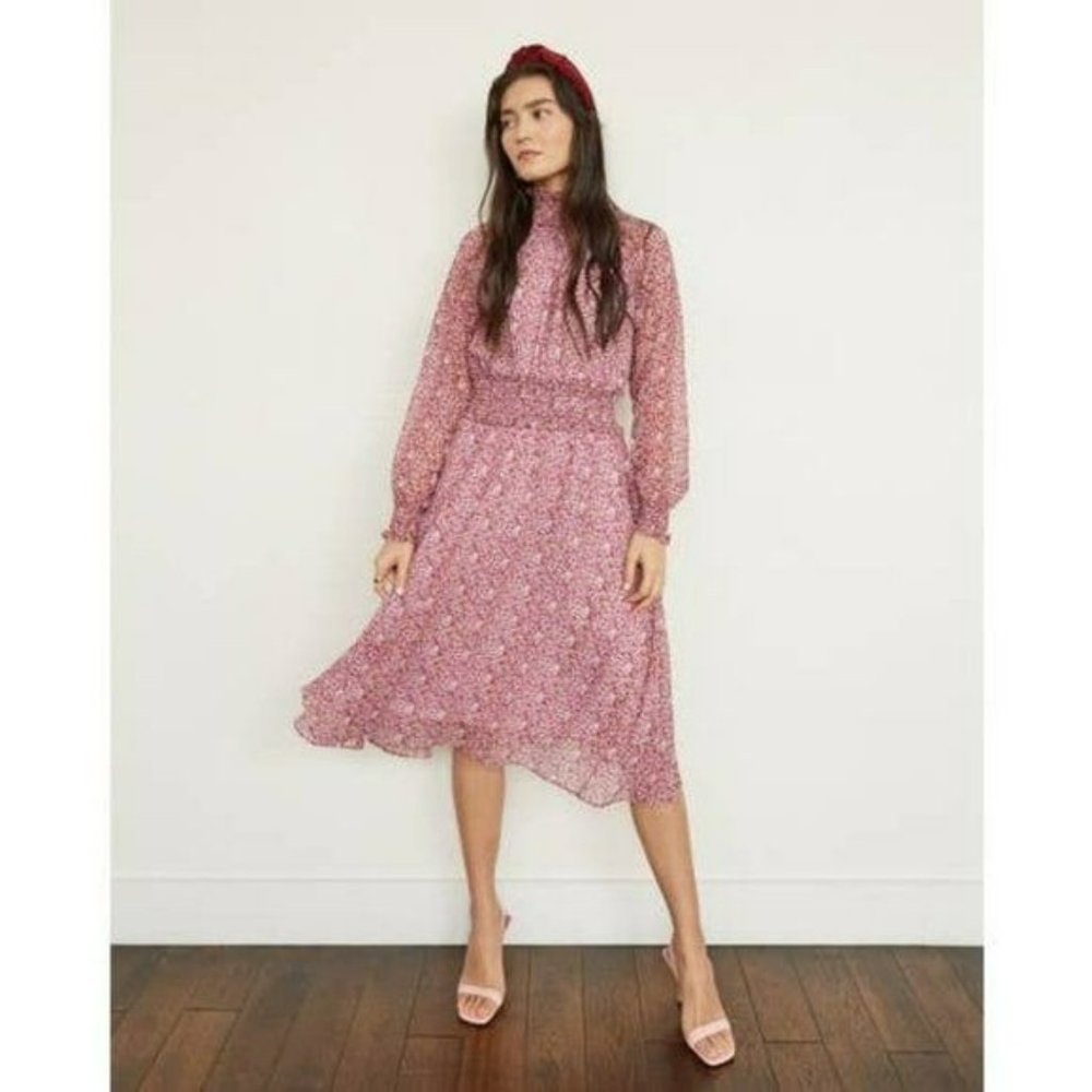 OPT On The Run Floral Long Smock neck Sleeve Dress Pink Purple  Size Small